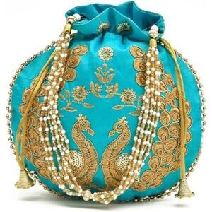 New Eyestart Fashion Bright Blue Peacock Gold Embroidered Potli Drawstring Bag